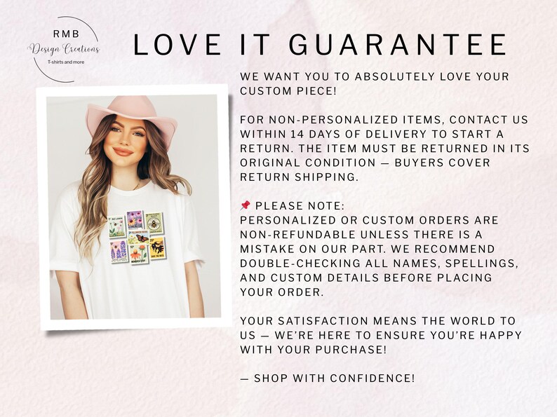 Peut inclure: Un t-shirt blanc avec un motif floral color&eacute;. Le t-shirt est port&eacute; par une personne portant un chapeau rose. L'image comprend le texte "LOVE IT GUARANTEE".