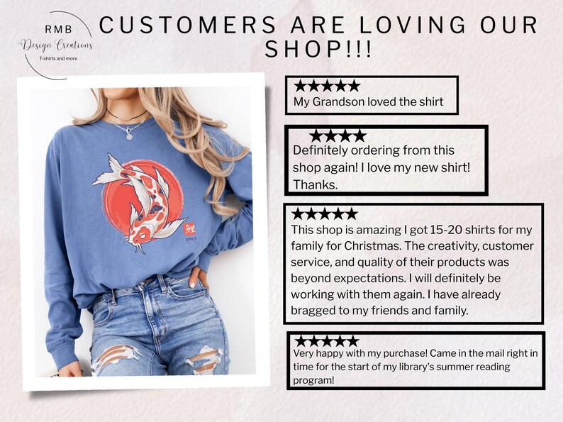 Peut inclure: Un t-shirt bleu clair &agrave; manches longues avec un motif de carpe ko&iuml; et un soleil rouge. Le t-shirt est port&eacute; avec un jean bleu d&eacute;chir&eacute;. L'image contient &eacute;galement des avis clients.