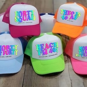 40 AF Squad Crew 40th Birthday Hats, Retro 40th Birthday, 40th Birthday Vacation, Cabo Birthday, Cancun Birthday, Groovy Neon Birthday Hats