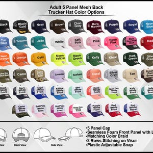 a collection of adult 5-panel mesh back trucker hats in various colors, including black, navy, brown, gray, purple, royal blue, neon orange, gold, jade, white, pink, black, olive, coral, tan, olive, and camo.