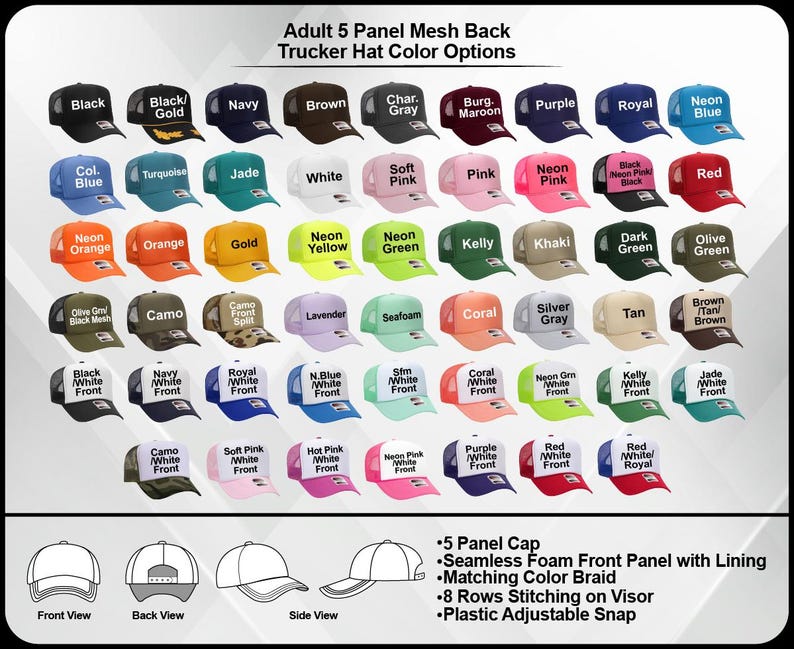 a collection of adult 5-panel mesh back trucker hats in various colors, including black, navy, brown, gray, purple, royal blue, neon orange, gold, jade, white, pink, black, olive, coral, tan, olive, and camo.