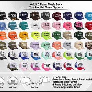 a collection of adult 5-panel mesh back trucker hats in various colors, including black, navy, brown, gray, purple, royal blue, neon orange, gold, jade, white, pink, black, olive, coral, tan, olive, and camo.