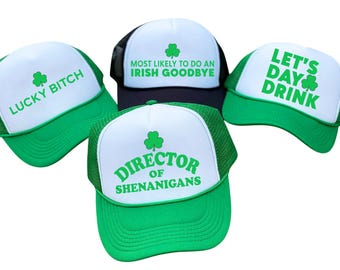 Gorra de camionero del Día de San Patricio, Let's Day Drink, Irish Goodbye, Director de Shenanigans Hats
