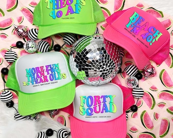 40 AF Squad Crew Hats, 40th Birthday Hat, Groovy Neon Birthday Caps