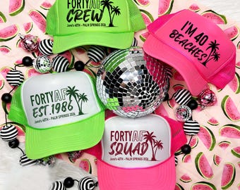 40th Birthday Squad Hats, I'm 40 Beaches Palm Tree Caps