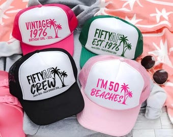 50th Birthday Squad Trucker Hat, Vintage 1976 Palm Tree Hats