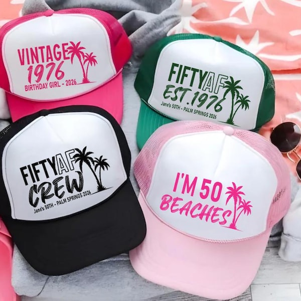 50th Birthday Squad Trucker Hat, Vintage 1976 Palm Tree Hats