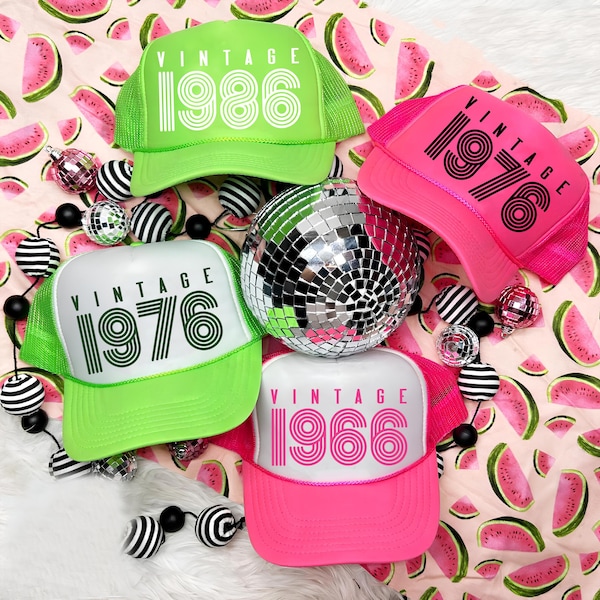 Vintage Birthday Hats, Retro Custom Year Trucker Hat, 20th 30th 40th 50th 60th Birthday