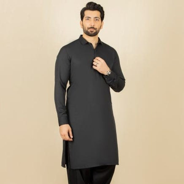 Pakistani Indian Men's Black Salwar Kameez Dress Wedding and Party Wear Suit Desi Clothes