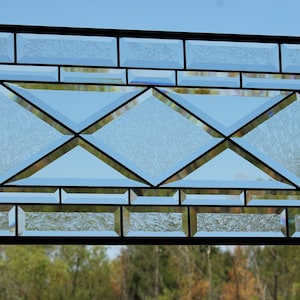 Beveled Clear Stained Glass Window Panel: Handmade Transom Sidelight (32 3/4 x 12 3/4)