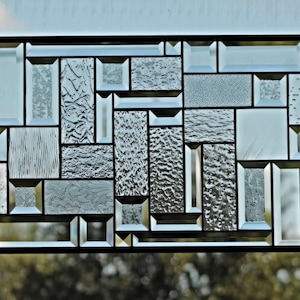 Geometric Clear Stained Glass Panel, Window Hanging,  Privacy Glass