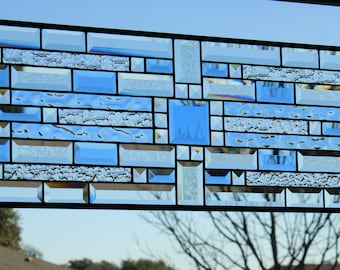 Blue, clear, beveled stained glass window hanging made order shown is 35.75 x11.75 obscure texture sidelight, transom