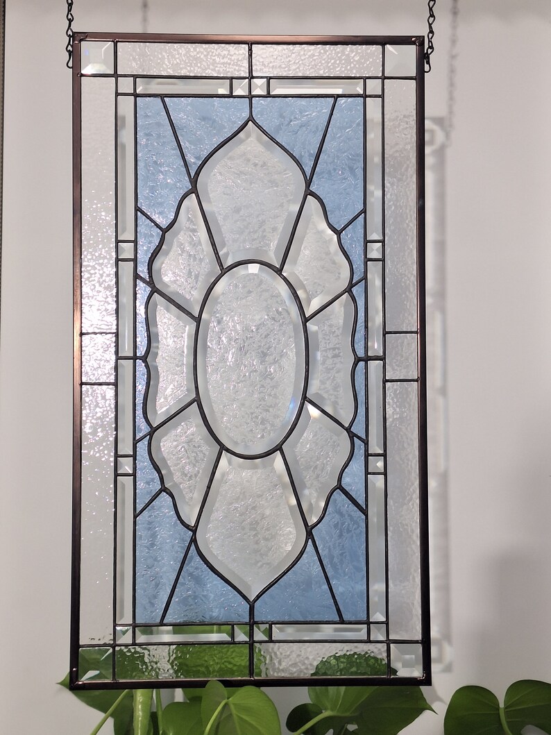 Clear Light Blue Stained Glass Window Panel Double Beveled Etsy