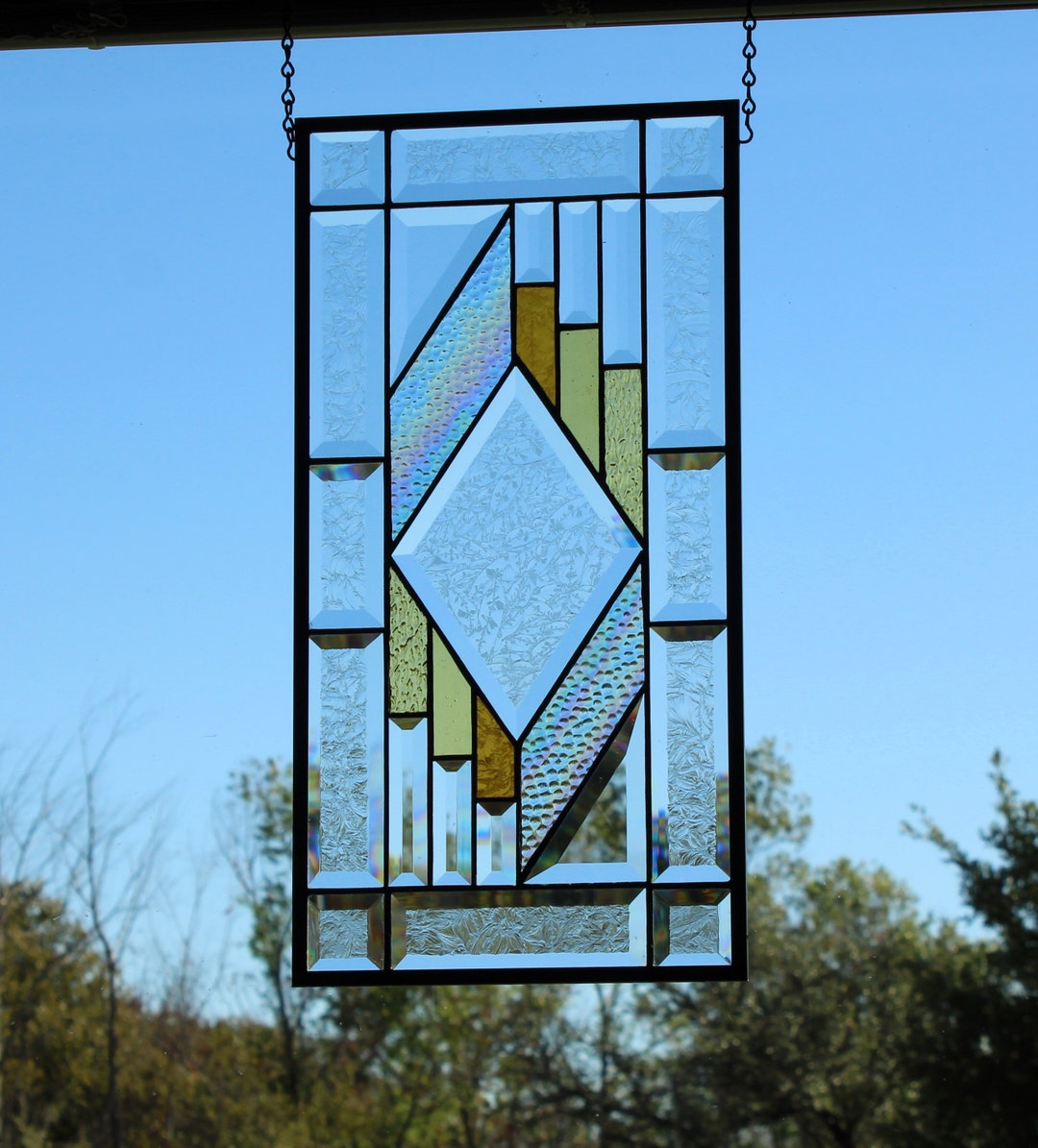 Stained Glass Window Hanging 20.5x10.5 52x26 Cm Panel Feautres Amber