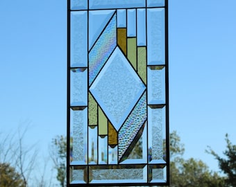 Stained Glass Window Hanging 20.5x10.5- 52x26 cm panel feautres amber,iradized clear ,bevels and framed