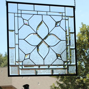 Clear stained glass window hanging,panel Square 21.75" 3SQFT Handmade in USA beveld(made to order)