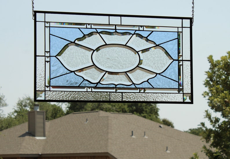 Clear, Light Blue Stained Glass Window Panel Double Beveled Border 26