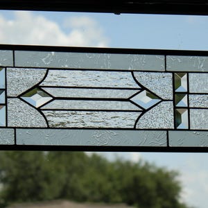 Stained glass sidelight, transom clear, 35&#39;x7, customizable, beveled, art glass.