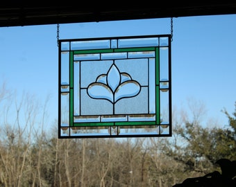 Stained glass window panel hanging, beveled, obscure textured glass, 16.5x14.5, green