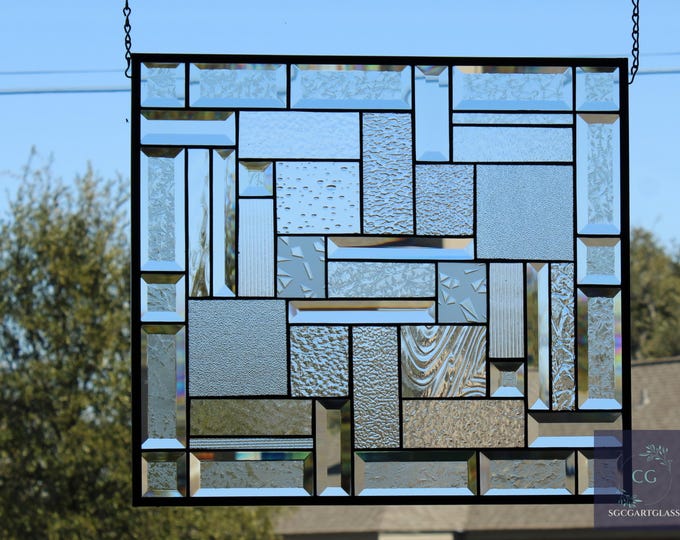 Clear Beveled Stained Glass Window Panel Hanging 20"x18" - Etsy