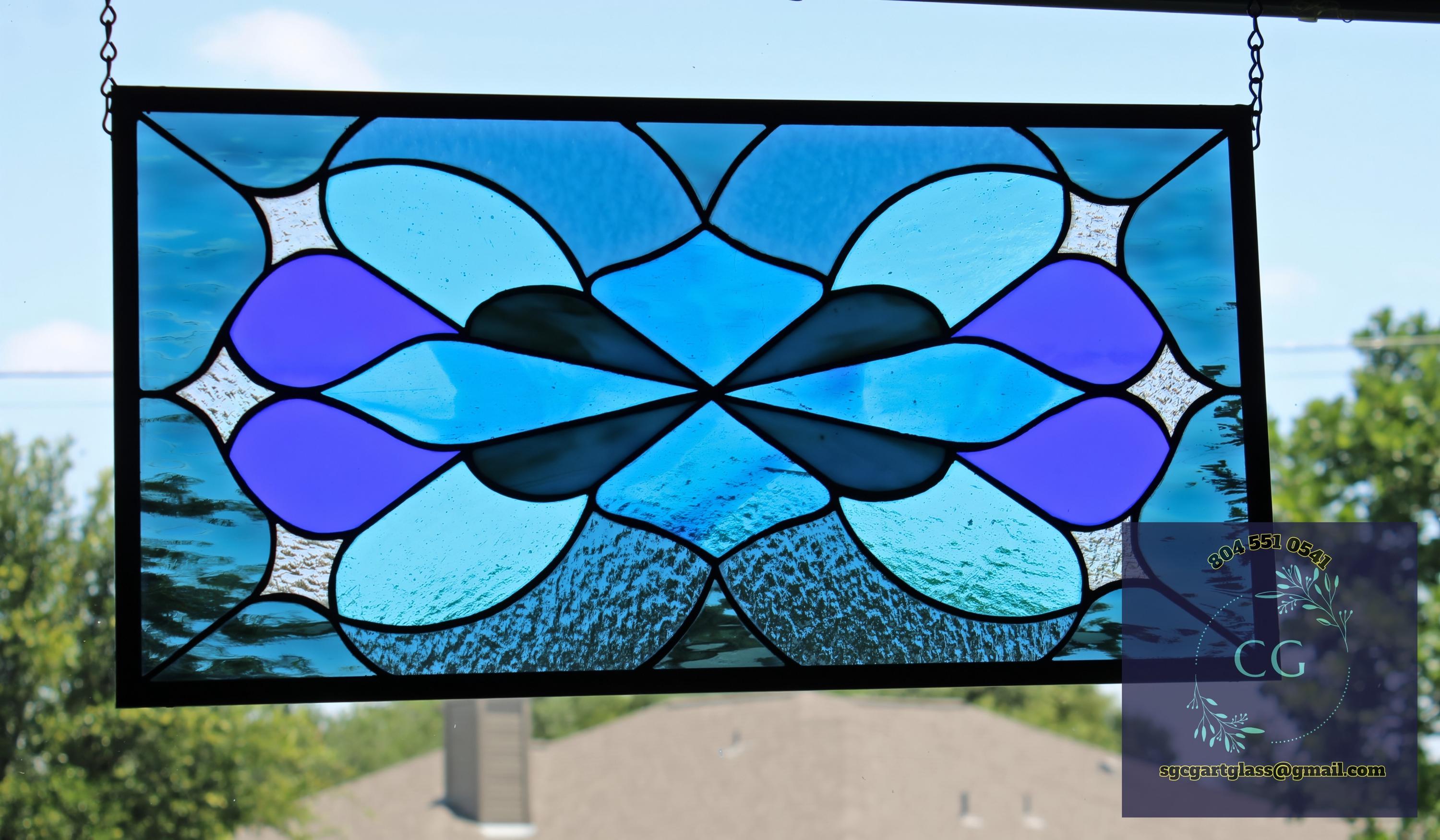 Stained Glass Window Modern Design, 23.75 x 12.25 inches, Stars in Iridized Clear Glass. Blues,Transom,Panel,Hanging, Home Décor