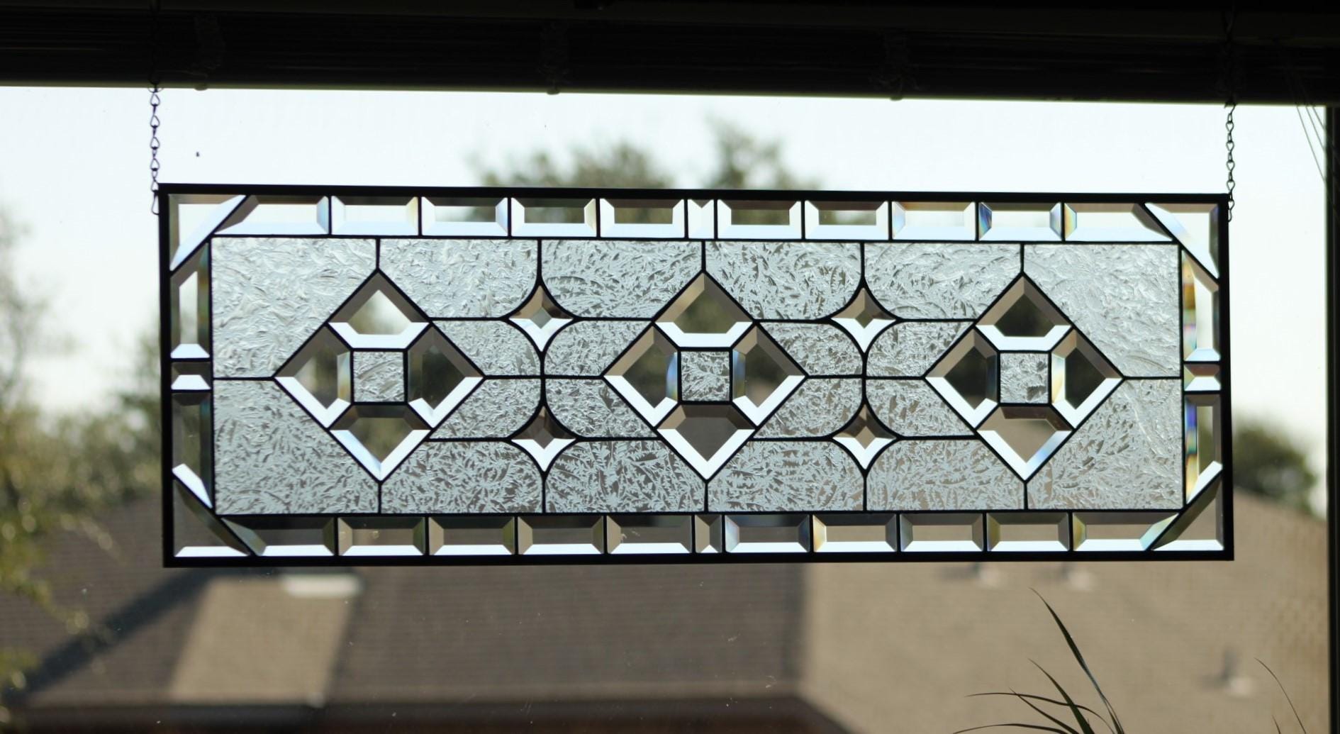 Clear stained glass window hanging, Transom , handmade in the USA with beveles  (made to order).