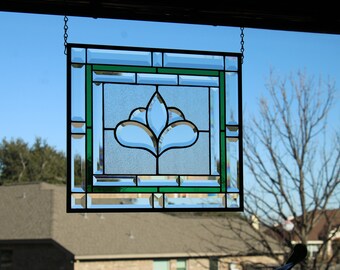 Stained glass window panel hanging, beveled, obscure textured glass, 16.5x14.5, green