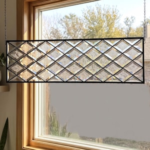 Modern Beveled Stained Glass Panel • Clear Privacy Transom Art 36x9.5 Vertical/Horizontal