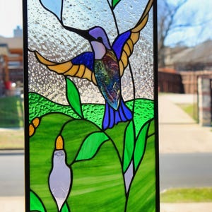 Stained Glass Hummingbird Panel, Window Hanging, Art Glass, Iridized 12”x24” Leaded Glass, Decorative  Window,Contemporary,Modern