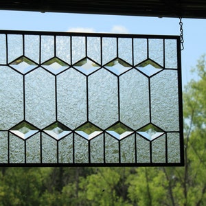 Dynamic Clear obscure art glass, Beveled Stained Glass Window Panel, available for custom orders in various sizes.