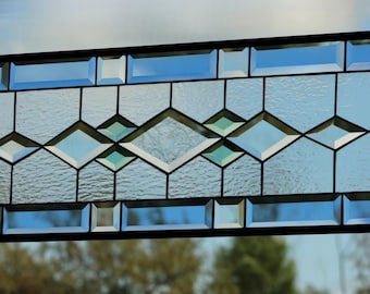 Stained Glass Window Hanging: Transom, Sidelight, Panel, Beveled ,Green, Blue, Clear. Rectangular , Handmade in the USA,
