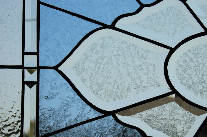 Clear, Light Blue Stained Glass Window Panel Double Beveled Border 26