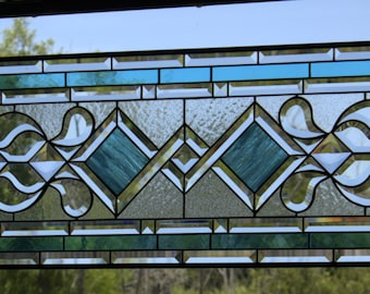 Clear and Turquoise Beveled Stained Glass Window Panel, Transom, Sidelight, Extra Long 48.75x14.75. options of Blue or Amber