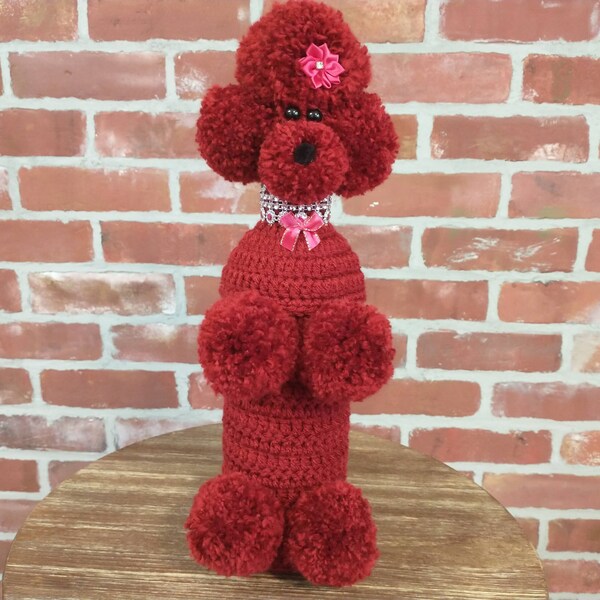 Crochet Poodle Wine Bottle Cover, MCM, 1960s Bar Decor, Wine Lover Gift, Bottle Cozy, Mid Century Modern, Girlfriend Gift, Cranberry Poodle