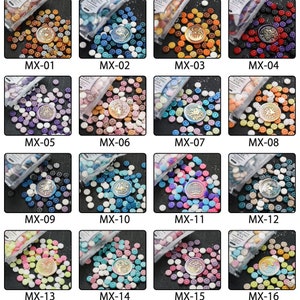 May include: Assortment of 16 different colors of sealing wax beads in small plastic bags. Each bag contains a variety of small, round, flower-shaped beads with a metallic finish. The bags are labeled with the text "Sealing Wax" and a number from 01 to 16.