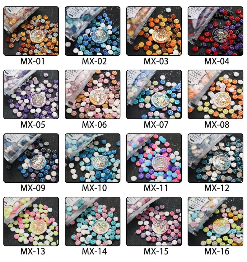 May include: Assortment of 16 different colors of sealing wax beads in small plastic bags. Each bag contains a variety of small, round, flower-shaped beads with a metallic finish. The bags are labeled with the text "Sealing Wax" and a number from 01 to 16.
