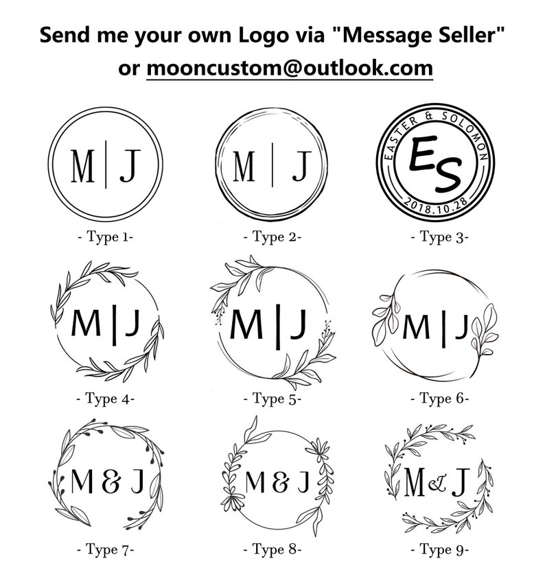 Peut inclure: Neuf designs de logo monogramme diff&eacute;rents mettant en vedette les lettres "M" et "J" dans diff&eacute;rents styles. Certains designs incluent une couronne de feuilles, tandis que d'autres pr&eacute;sentent un simple cercle ou un carr&eacute;. Le texte "Type 1-9" est affich&eacute; sous chaque design.