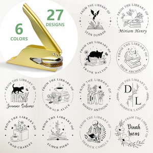 May include: A gold-colored wax seal stamp with a lever handle, next to 27 design options and 6 color choices. The stamp is shown with several circular designs featuring book-themed illustrations and names.