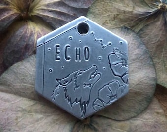 Pet ID Tag - Dog Tag - Custom Name Tag - Personalized - Hand Stamped - Cat Tag - Poppy - Howling Wolf - Hexagon