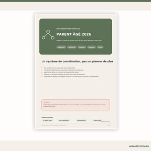 Può includere: Un documento bianco intitolato PARENT ÂGÉ 2026 con un'intestazione verde scuro che presenta un'icona di rete. Il testo include una descrizione del sistema di coordinamento, un elenco puntato delle funzioni e un riquadro di esclusione responsabilità.