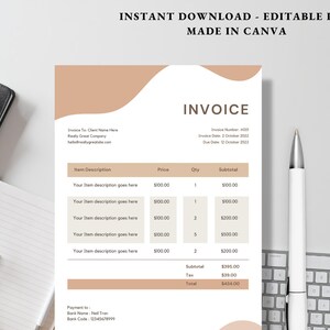 Creamy Minimalist Invoice Template.pdf, Printable Order Form Invoice, Digital Invoice Form, Small Business Canva Template