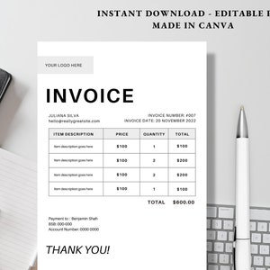 Gray Beige White Minimal Contractor Invoice.pdf, Invoice , Printable Order Form Invoice, Digital Invoice Form, Small Business Canva Template