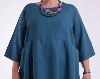Ladies Lagenlook Linen Oversized Tunic Top, Quality Fabric, Made in Italy, Pockets, Plus Size 52" Bust UK16 18 20 22 24  TEAL BLUE - 9479  1