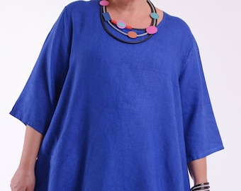 Ladies Lagenlook Linen Cocoon Dress, Quality Fabric, Made in Italy, Pockets, Plus Size 60" Bust Uk 26 28 30 32 ROYAL BLUE - 9469 2