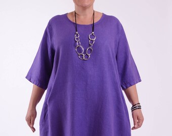 Ladies Lagenlook Linen Dress, Quality Fabric, Made in Italy, Pockets, Plus Size 52" Bust Uk 16 18 20 22 24 PURPLE - 9469 1