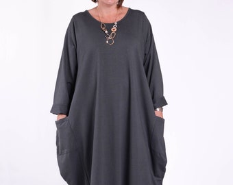 Femme Lagenlook - Robe ballon ample fluide grande taille, superposition, original, tablier, coton, Royaume-Uni 26 28 30 32 - 9215 (2) Uni