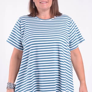 Women&#39;s Ladies Casual Basic Cotton Swing T Shirt, Lagenlook, Western, Plus Size Round Neck, *Star Seller* 10516 STRIPE (1)