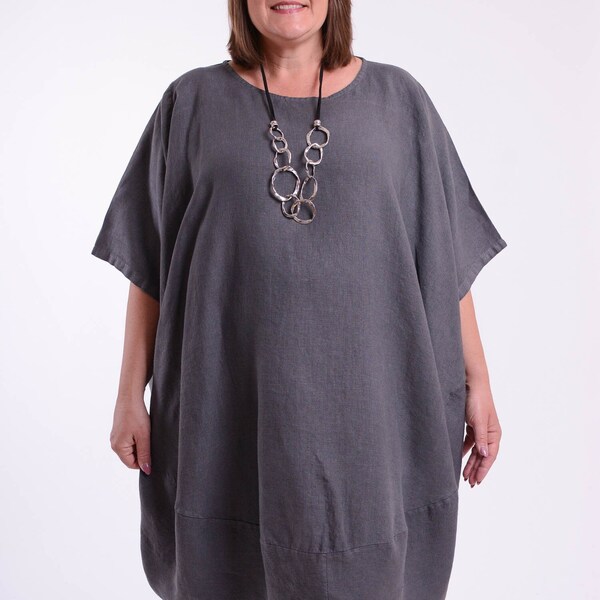 Ladies Women's Lagenlook Balloon Italian Linen Dress, Oversized, Plus Size, Curve, Quirky, Boho, Hippie, Black, Grey, Purple, Rust - 9811