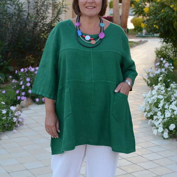 Exclusive  Womens Made in Italy Lagenlook Boho Quality Linen Tunic Top with Pockets Plus Size UK  24 26 28 30 32 *Star Seller* - 105151 (2)