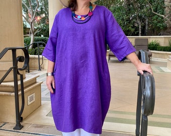 Lagenlook Linen Dress, Quality , Made in Italy, Cocoon Shape, Pockets, Plus Size 52" Bust Uk 16 18 20 22 24 PURPLE  *Star Seller* - 9469 1